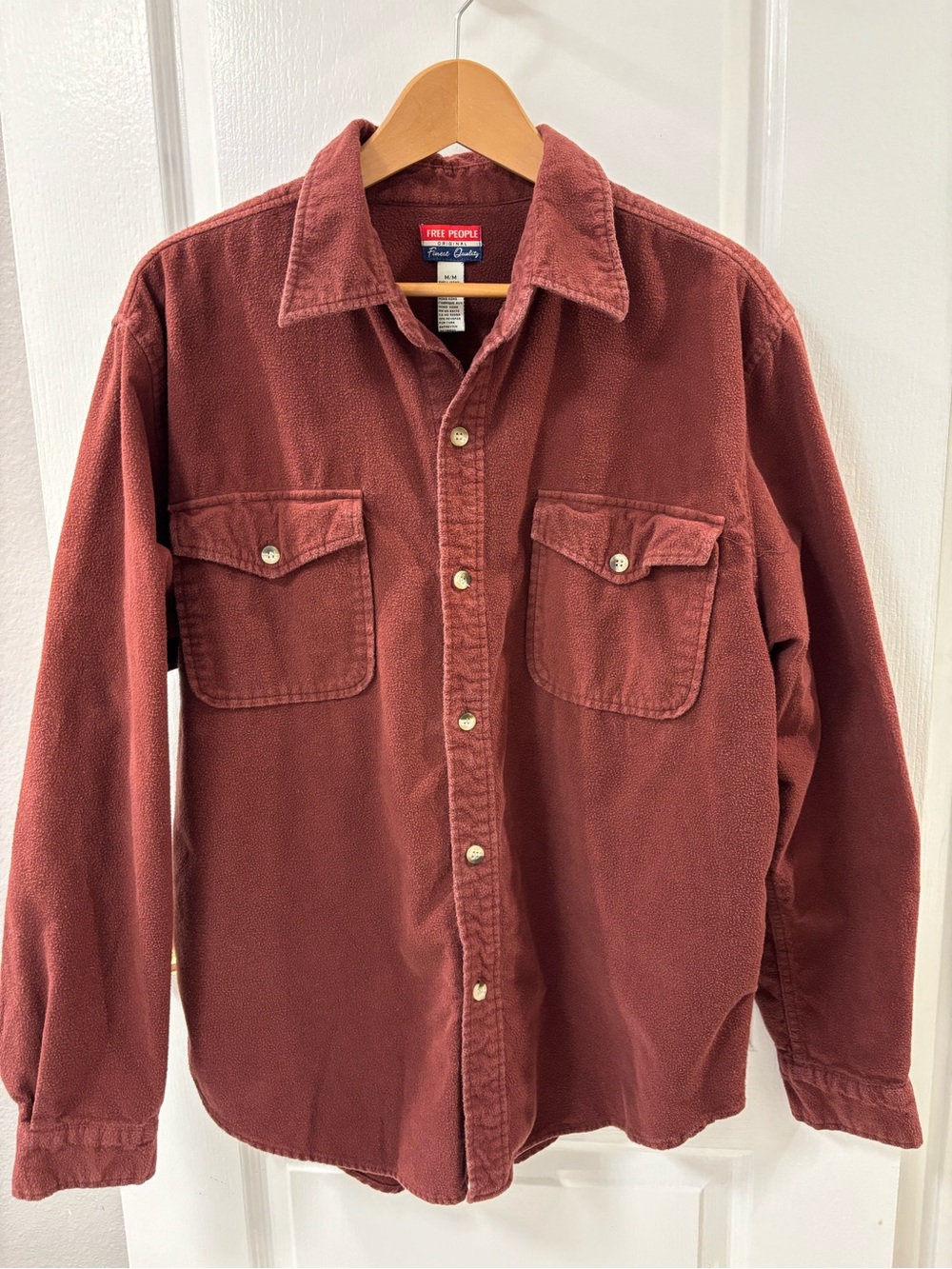 Vintage Free People Men’s Long-Sleeve Button-Up Shirt Maroon Chest Pockets